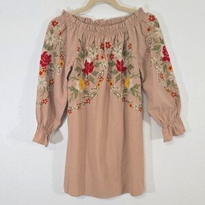 VELZERA Embroidered Tan Floral 3/4 Sleeve Tunic Top Boho Ruffles, size Small